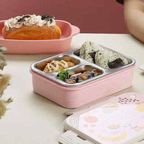 Fruits Printed Stainless Steel Lunch Box 3 Grids with Spoon