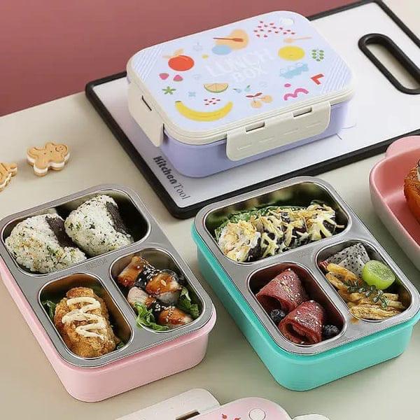 Fruits Printed Stainless Steel Lunch Box 3 Grids with Spoon