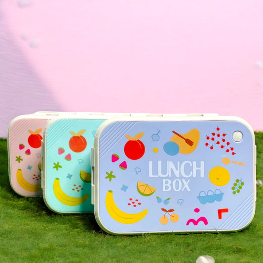 Fruits Printed Stainless Steel Lunch Box 3 Grids with Spoon