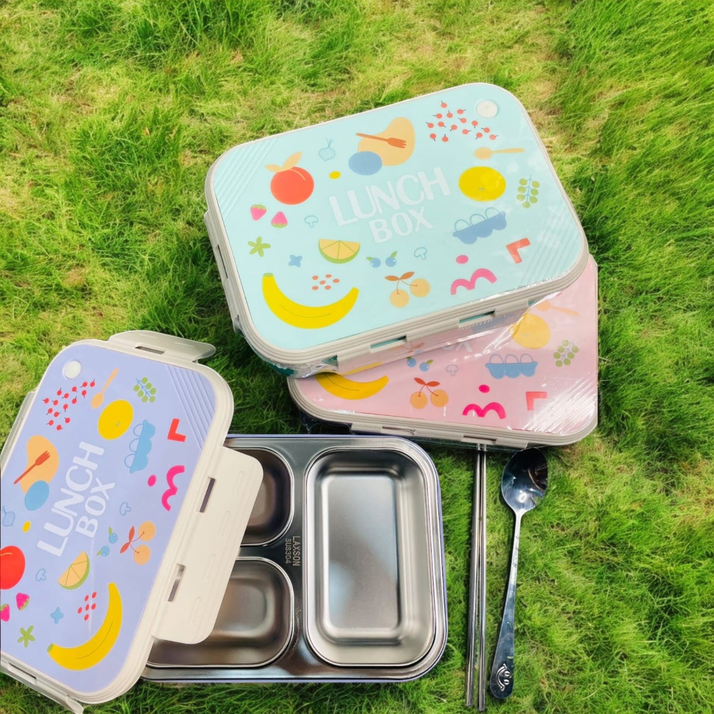 Fruits Printed Stainless Steel Lunch Box 3 Grids with Spoon