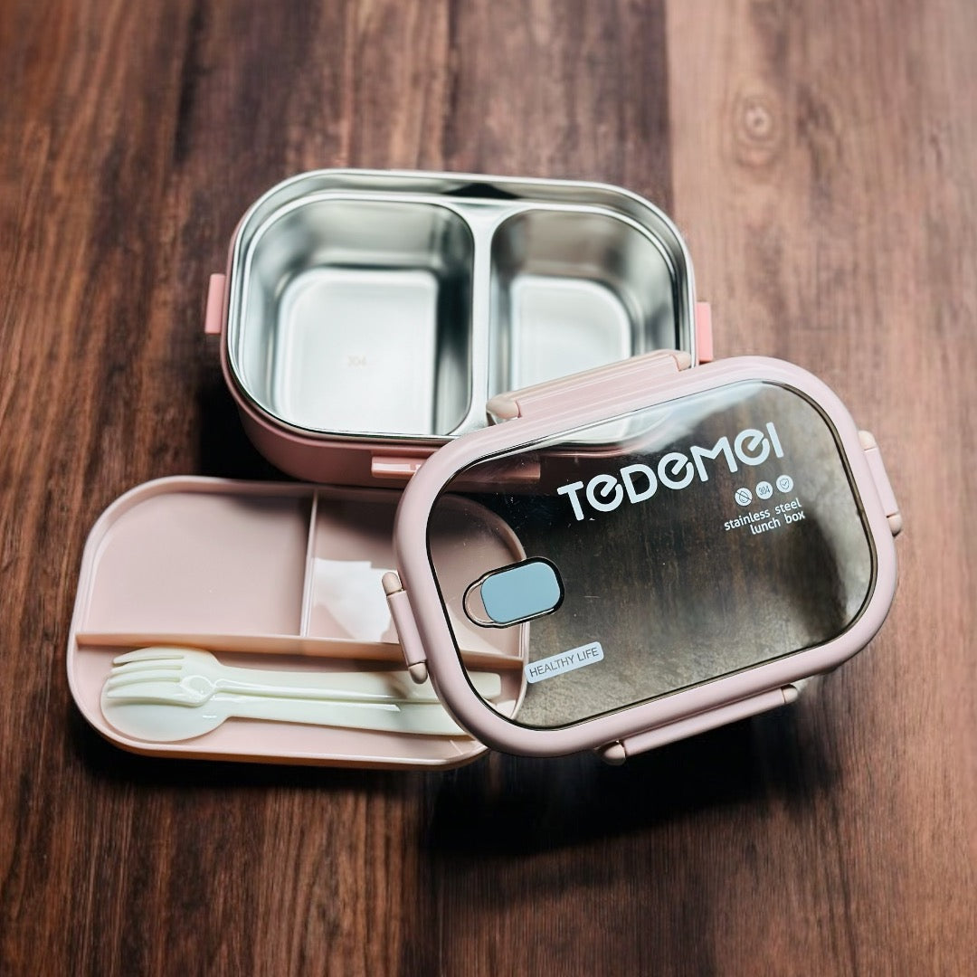 TEDEMEI-Two Compartments Tiffins || Stainless Steel || With Cutlery Inside