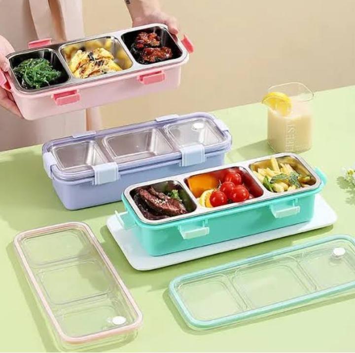 Stylish Stainless Steel Bento Lunch Box 3 Grids with Spoon