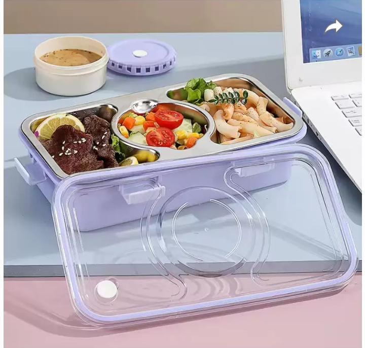 Stylish Stainless Steel Bento Lunch Box 3 Grids with Spoon