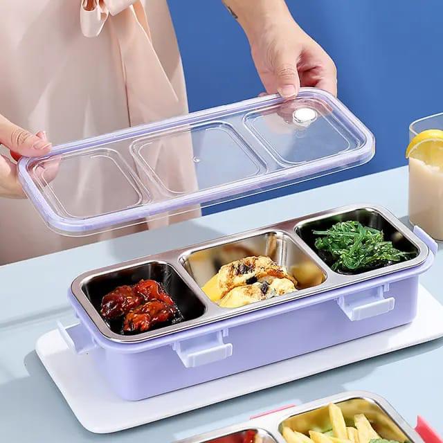 Stylish Stainless Steel Bento Lunch Box 3 Grids with Spoon