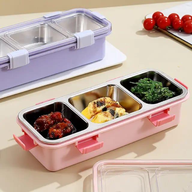 Stylish Stainless Steel Bento Lunch Box 3 Grids with Spoon