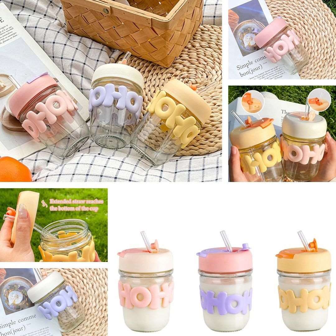 Hoho Printed Glass Tumbler with Lid and Straw - 450ml