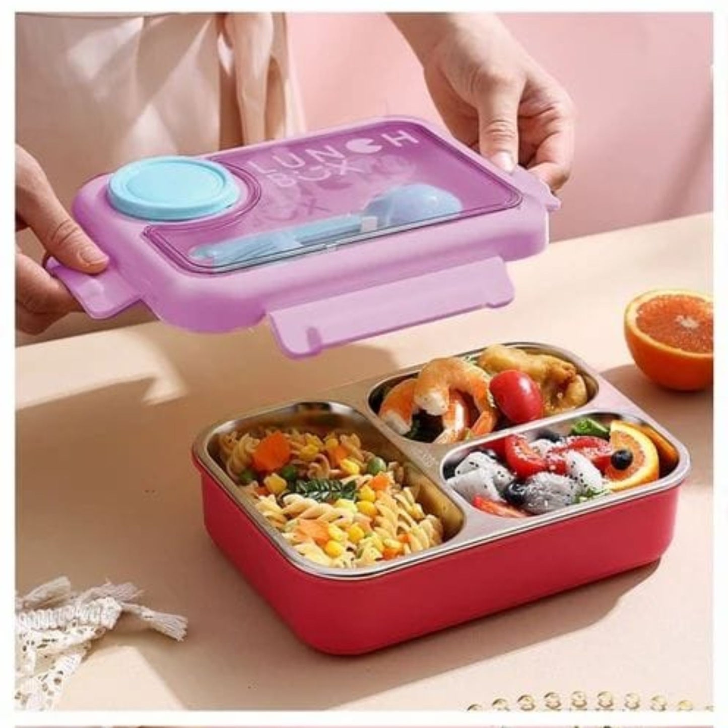 Lunch Box 3 Grids Stainless Steel Leak Proof with Spoon