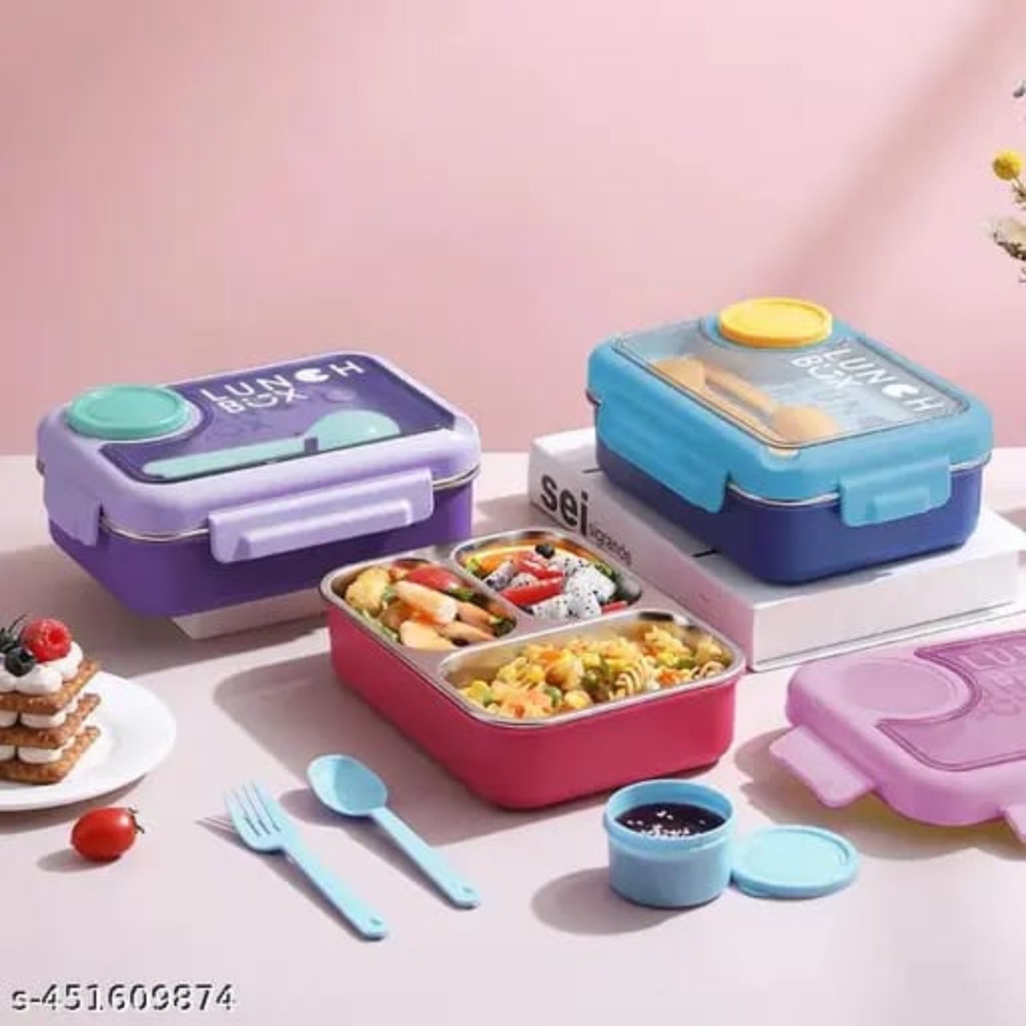 Lunch Box 3 Grids Stainless Steel Leak Proof with Spoon