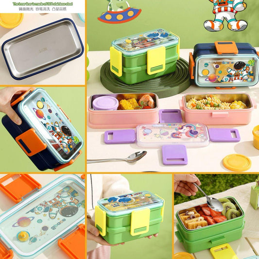 Double Decker Stainless Steel Lunch Box for Kids with Bowl