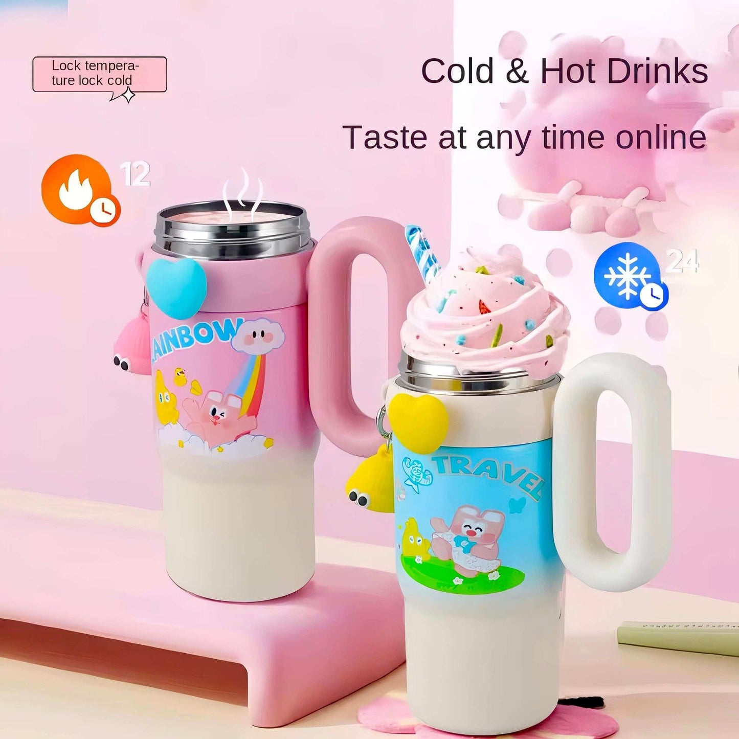 Hot & Cold Rainbow Sip Tumbler with Straw and Spout Lid 900 ml