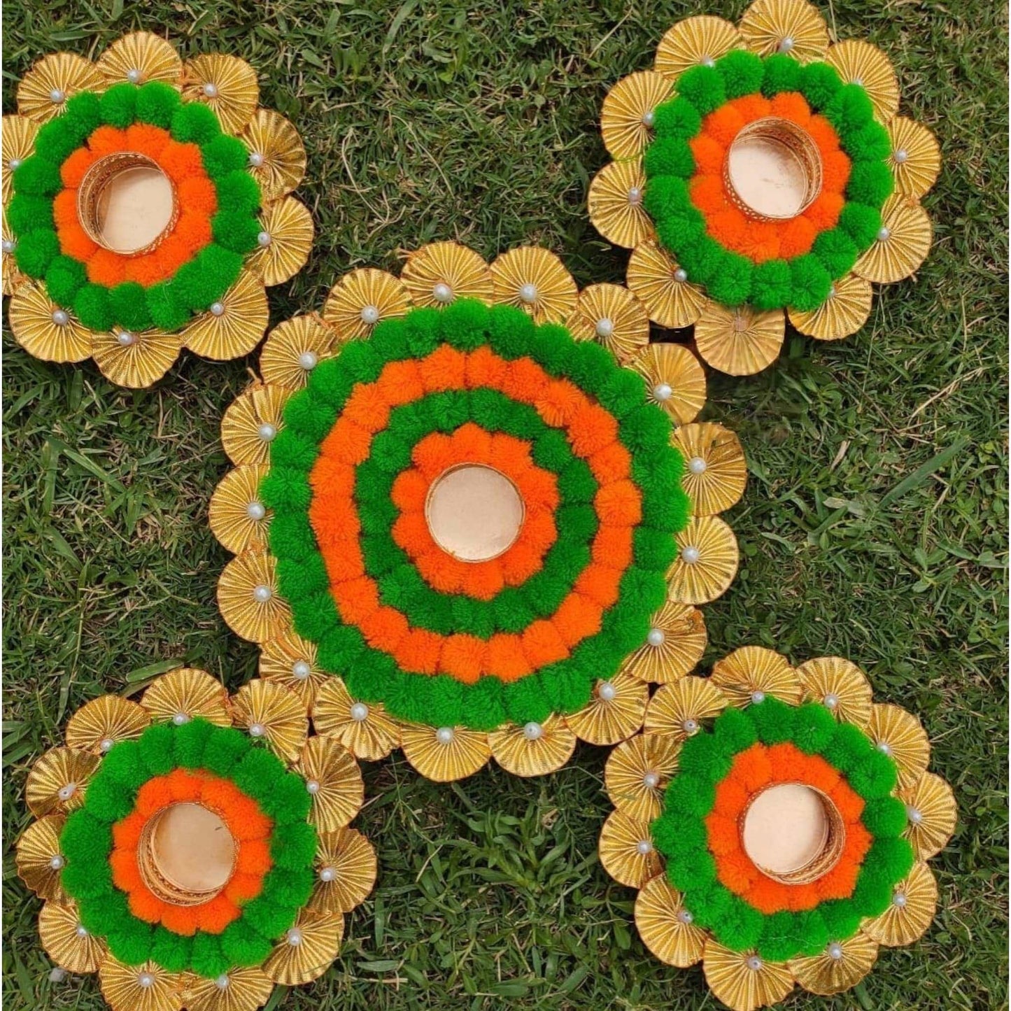 Pom Pom Rangoli with Tea Light Candle Set of 5