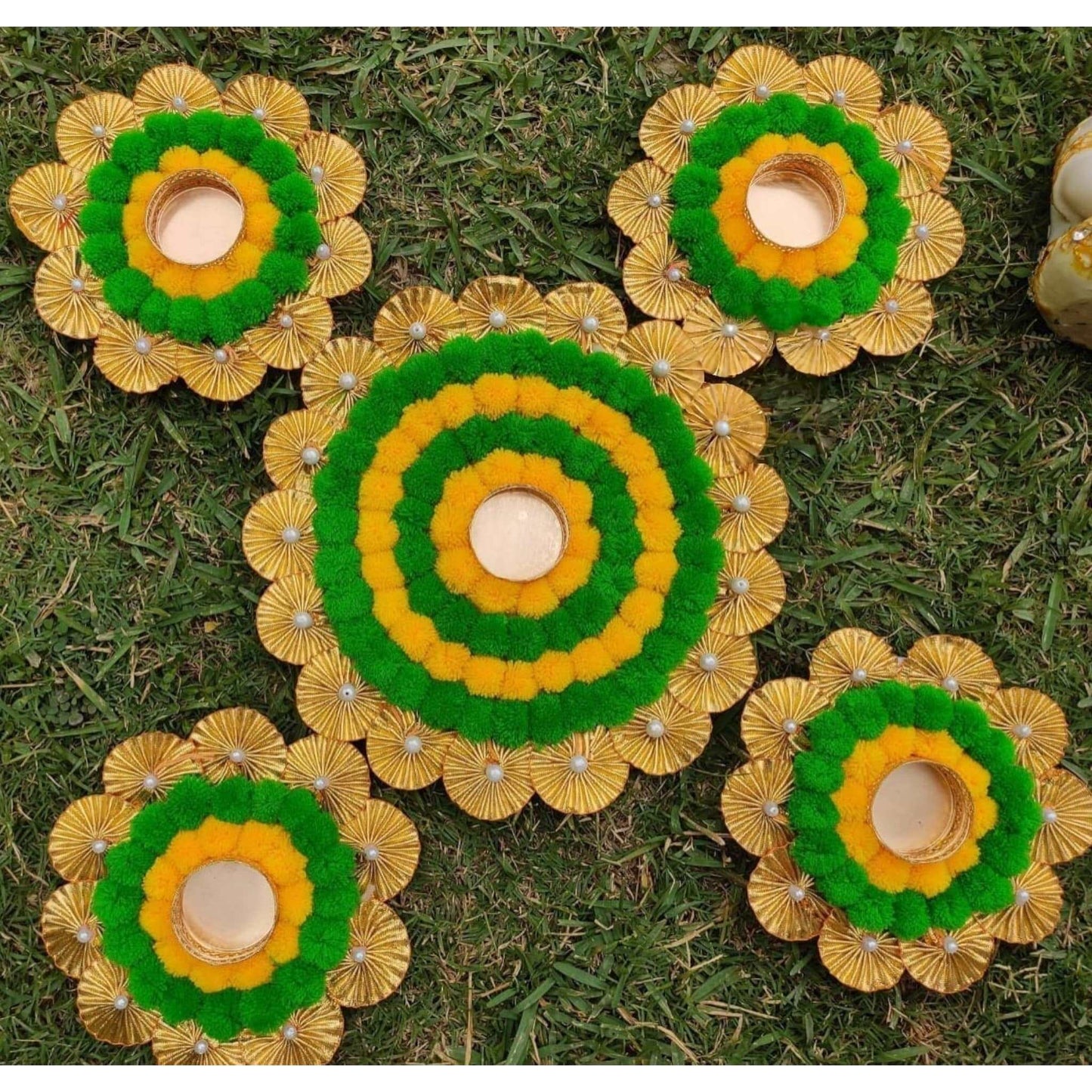 Pom Pom Rangoli with Tea Light Candle Set of 5