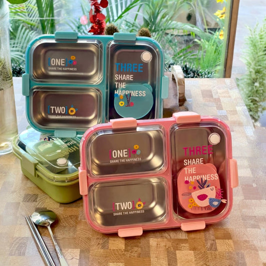 Bento Stainless Steel Lunch Box 3 Grids with Spoon Leak Proof