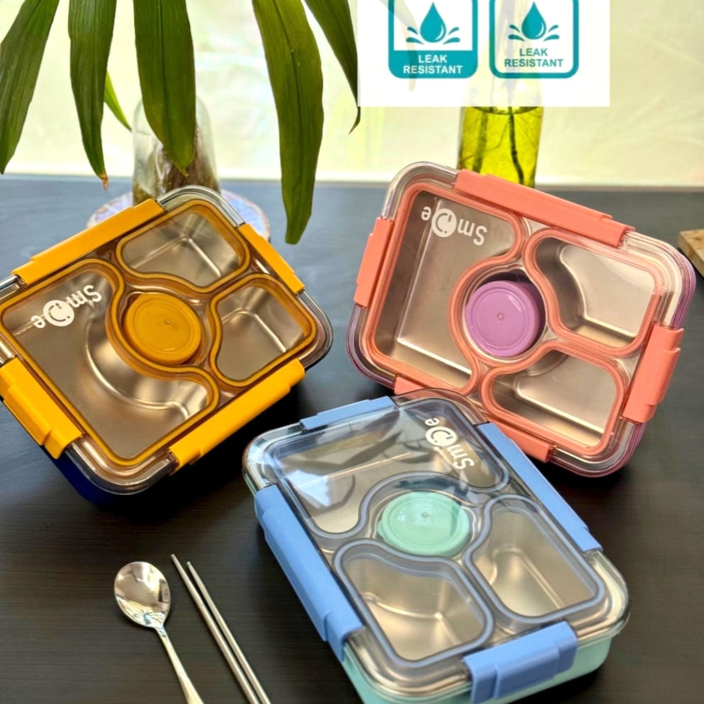 Bento 4 Grid Stainless Steel Leakproof Lunch Box with Spoon