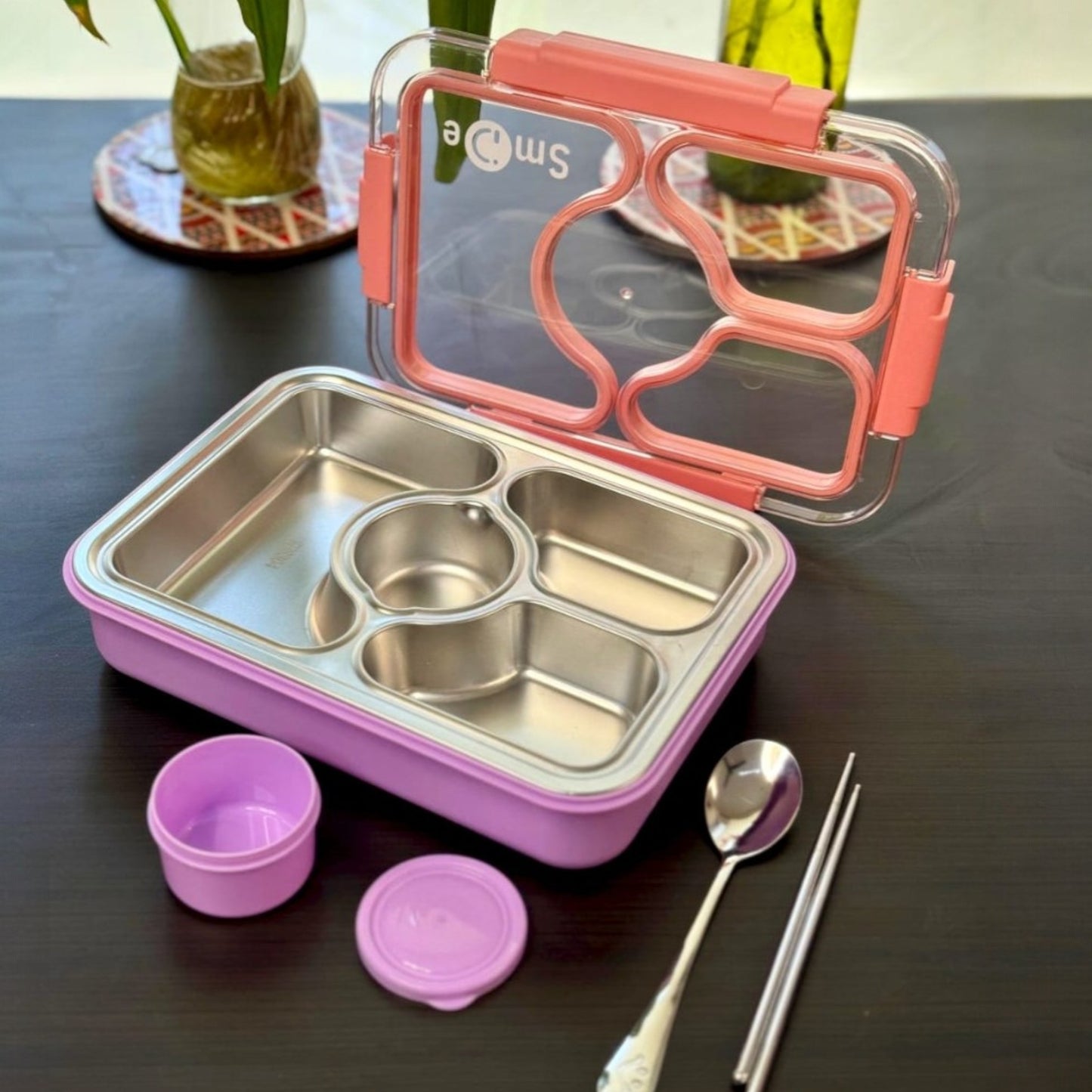 Bento 4 Grid Stainless Steel Leakproof Lunch Box with Spoon