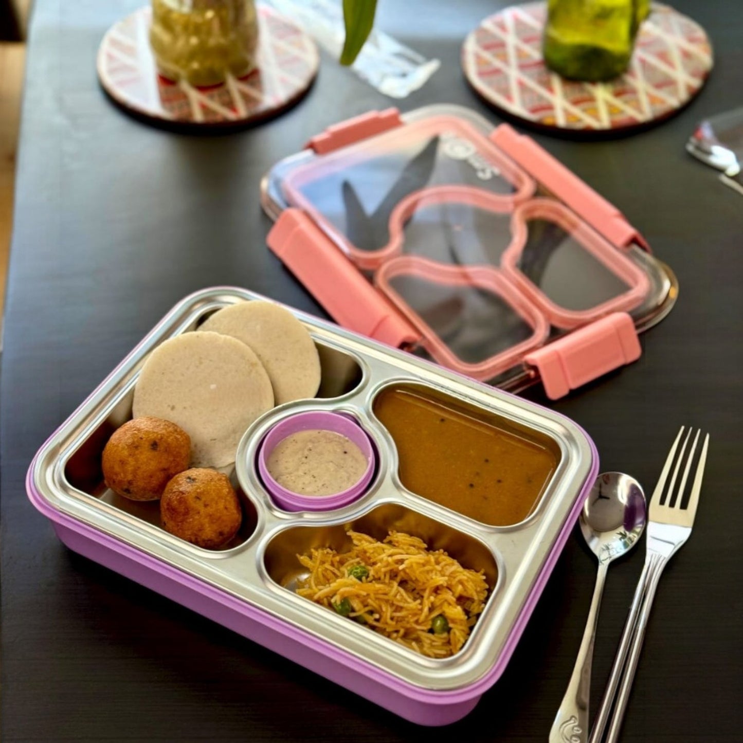Bento 4 Grid Stainless Steel Leakproof Lunch Box with Spoon