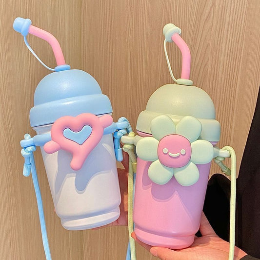 Cute Flower Design Stainless Steel Water Cup with Straw 780ml
