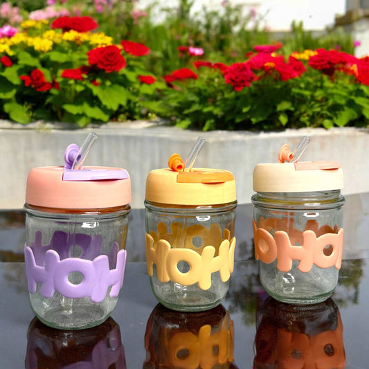 Hoho Printed Glass Tumbler with Lid and Straw - 450ml