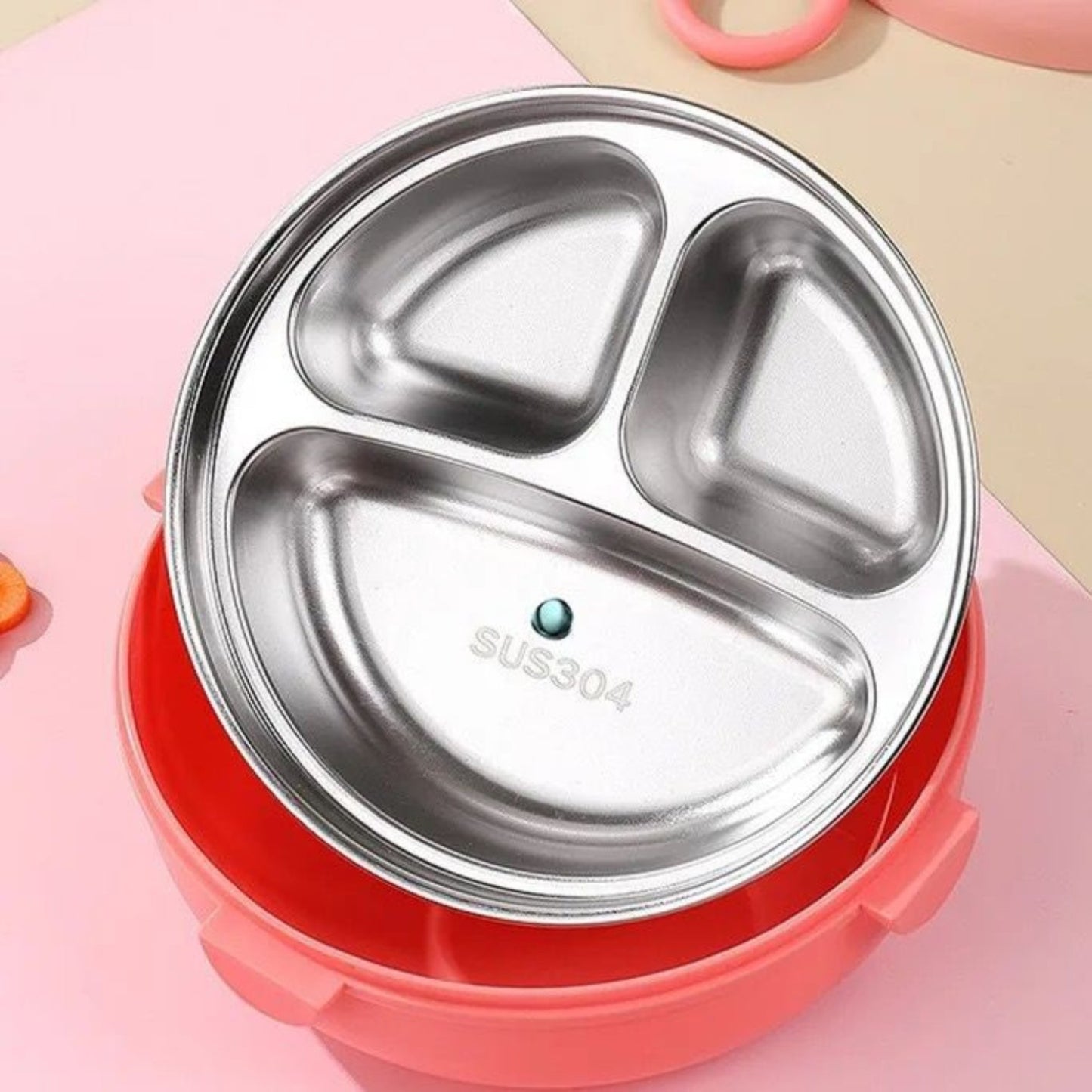 Round Stainless Steel Bento Lunch Box 3 Grids with Spoon Fork