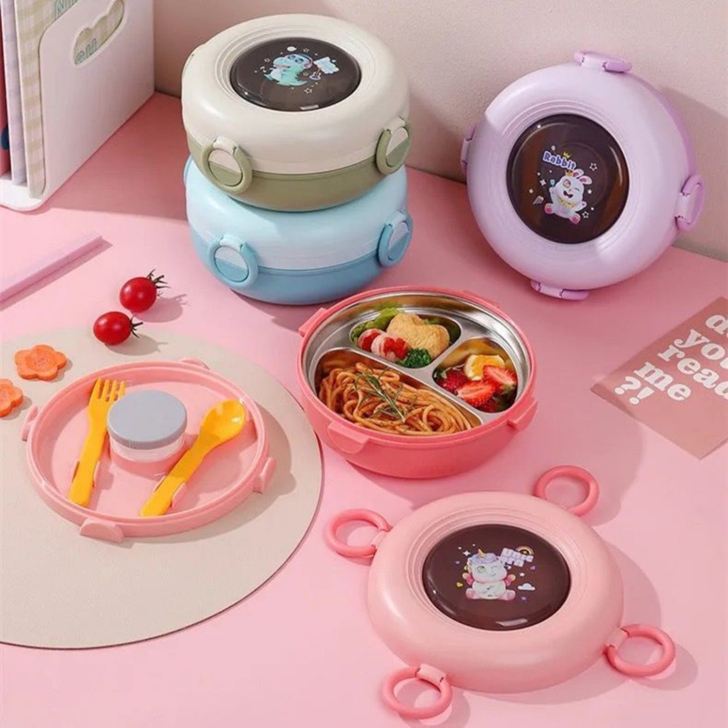 Round Stainless Steel Bento Lunch Box 3 Grids with Spoon Fork