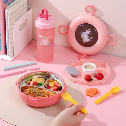 Round Stainless Steel Bento Lunch Box 3 Grids with Spoon Fork