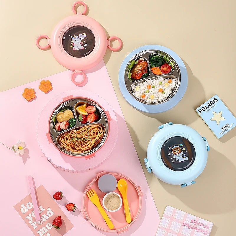 Round Stainless Steel Bento Lunch Box 3 Grids with Spoon Fork