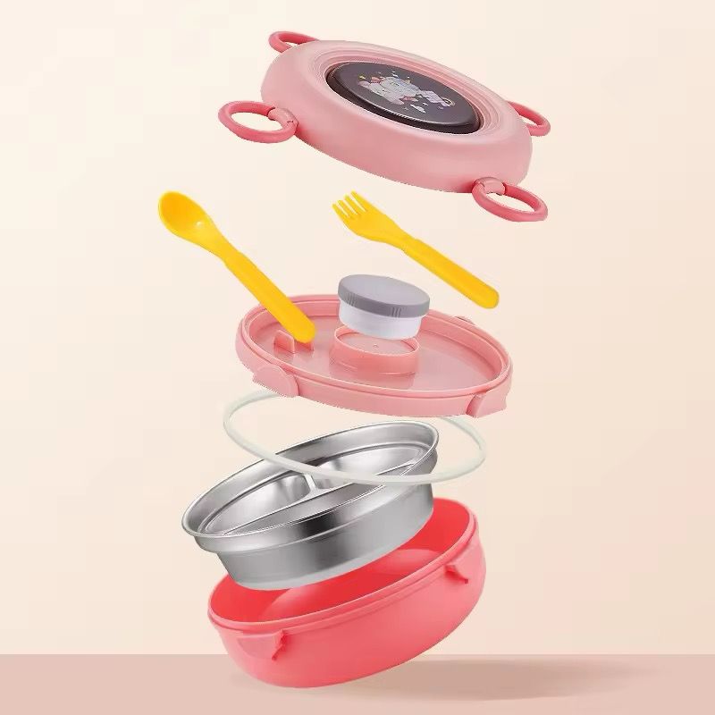 Round Stainless Steel Bento Lunch Box 3 Grids with Spoon Fork
